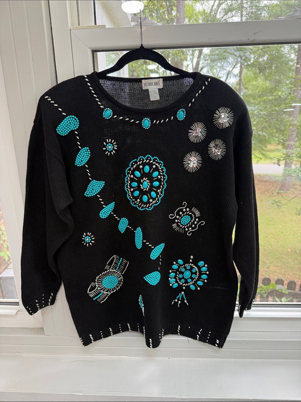 Victoria Jones Vintage 80s Black Sweater with Turquoise & Silver Beading Sz L